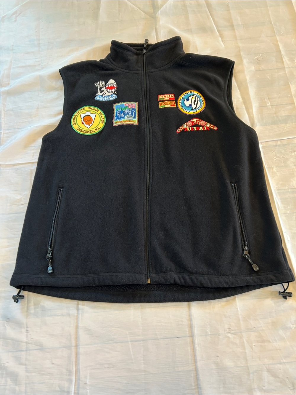 Black Fleece Vest with Embroidered Patch Accents